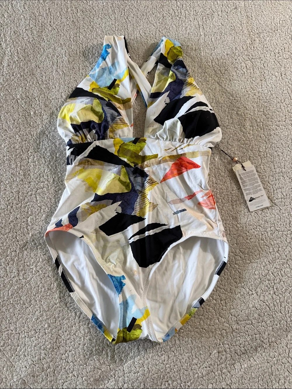 Calia Cutout Halter Collage Print White One-Piece Swimsuit Size 6 New